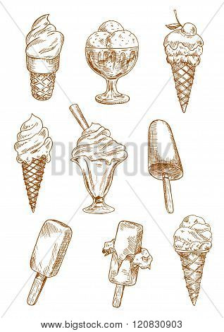 Ice cream desserts sketches set