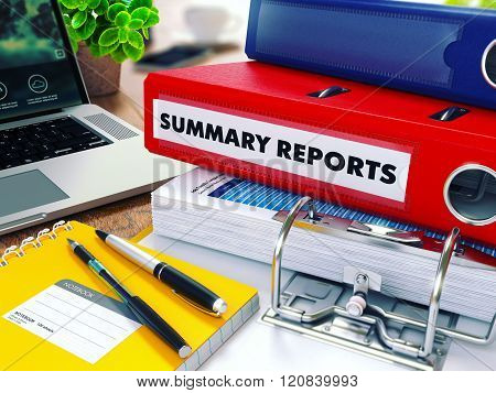 Summary Reports on Red Ring Binder. Blurred, Toned Image.