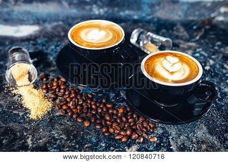 Latte Art On Espresso Coffee. Black Coffee Served In Bar