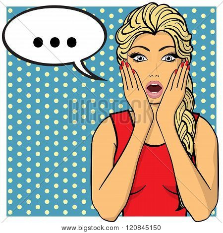 Young woman, lady shows amazement, shok. Comics style