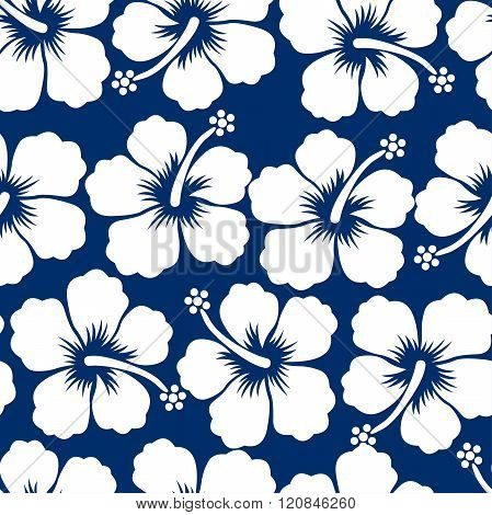 Graphic White Tropical Hibiscus Flowers Seamless Pattern