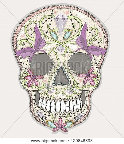 Cute mexican skull. Colorful skull with flower gem hearts and jewel ornamens. Sugar skull.