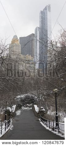 The Gapstow bridge during snow storm in Central Park New York City