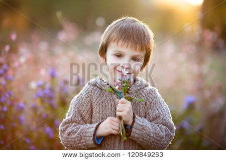 Sweet Little Boy, Holding Flowers On Sunset