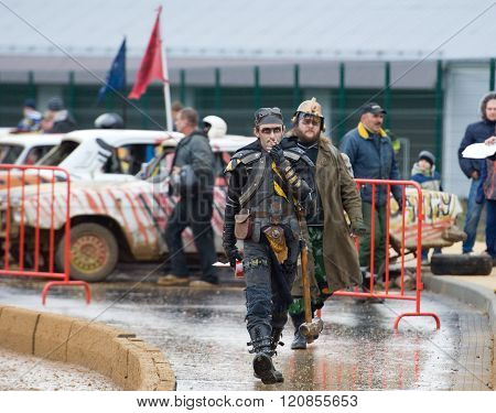 KUBINKA - NOVEMBER 21 2015: Unidentified man during auto gladiators show in Kubinka military museum Russia