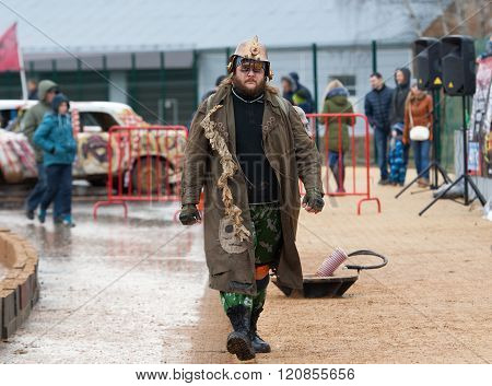 KUBINKA - NOVEMBER 21 2015: Unidentified man during auto gladiators show in Kubinka military museum Russia