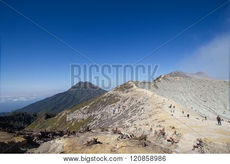 Ijen Crater landscape from the crater, seen on the left is the Ijen only left peak. The Ijen volcano complex is a group of stratovolcanoes in the Banyuwangi Regency of East Java, Indonesia
** Note: Visible grain at 100%, best at smaller sizes