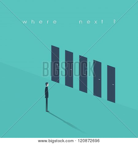 Business decision concept illustration. Businessman standing in front of doors as symbol for choice,
