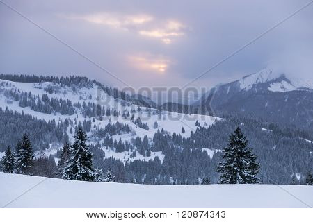 Cloudy Winter View In The French Alps