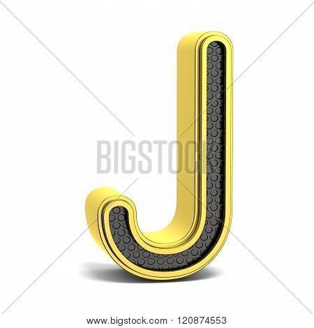 Golden and black round alphabet. Letter J. 3D render illustration isolated on white background with soft shadow