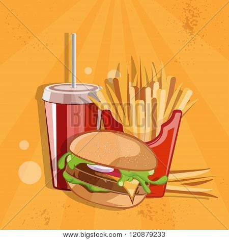Fast Food Vector Illustration With Burger,fried Potatoes And Cola