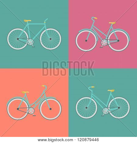 Vector flat modern urban town and city bicycles set. Stylish minimalistic flat vintage bicycle illustration. Retro Illustration Bicycle.