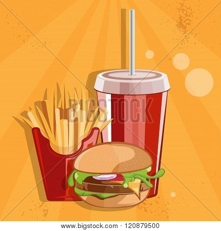 Fast Food Vector Illustration With Burger,fries And Cola