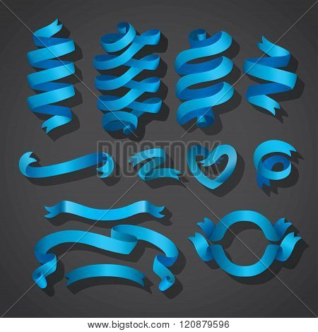 Set of cute curly flat blue ribbons elements with long shadows