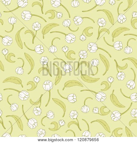 Cute seamless floral pattern of white tulips on green background