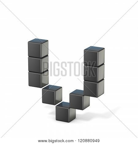 8 bit font. Lowercase letter V. 3D render illustration isolated on white background