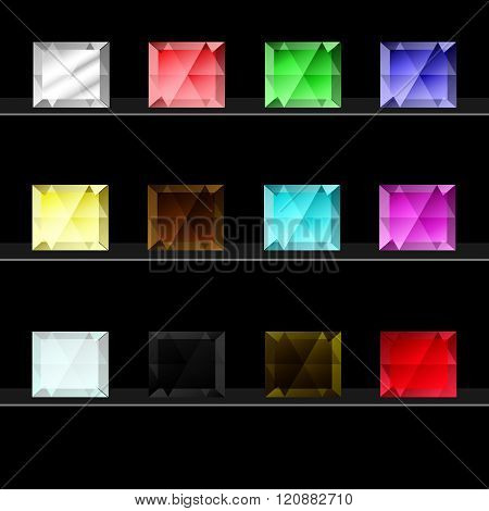 Set of colored gem stones. Diamonds of different colors on black background. Vector illustration.