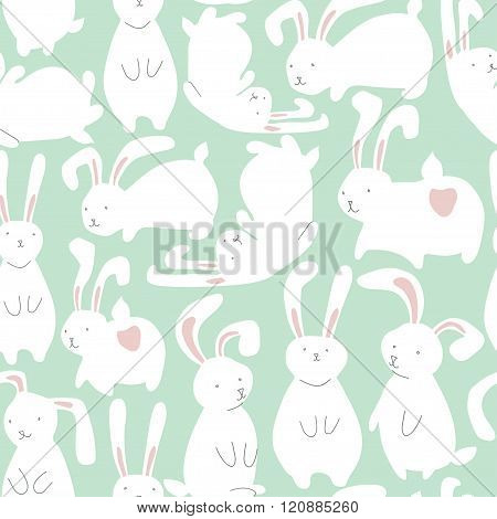 Seamless Pattern With Cute White Rabbits