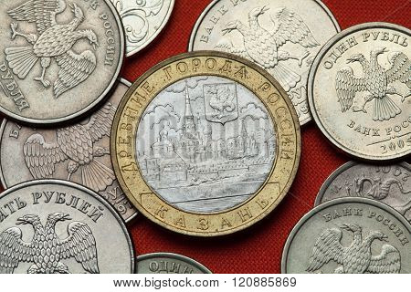 Coins of Russia. Kazan Kremlin depicted in the Russian commemorative 10 ruble coin dedicated to Russian Historical Towns.