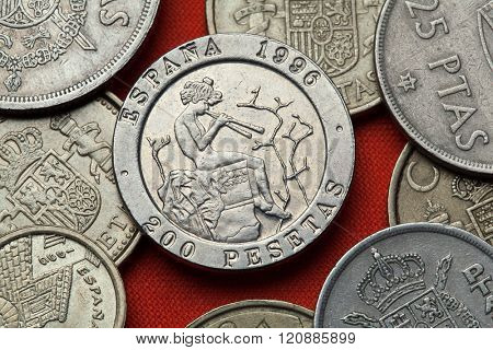 Coins of Spain. Spanish commemorative 200 peseta coin (1996) dedicated to Spanish Romantic painter Mariano Fortuny.