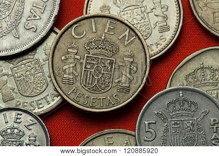 Coins of Spain. Coat of arms of Spain depicted in the Spanish 100 peseta coin.