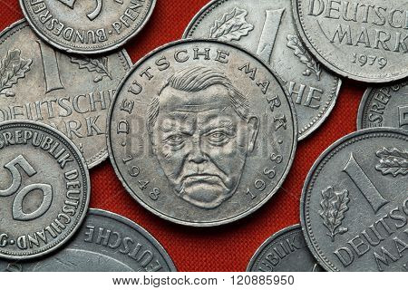 Coins of Germany. German politician Ludwig Erhard depicted in the German two Deutsche Mark coin (1988).