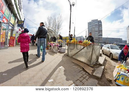 Large Selection Of Flowers At The Makeshift Markets In The City Streets On International Women's Day