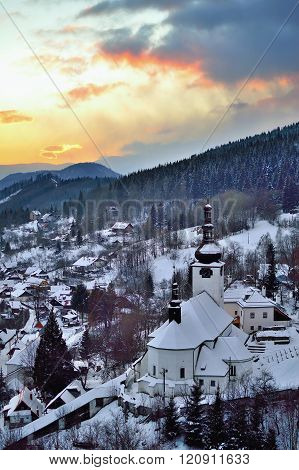 Old mining village in winter in Slovakia