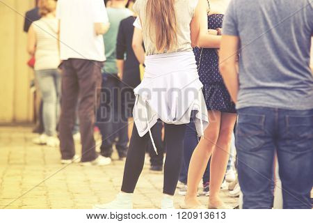 close up on Long queue of people vintage effect