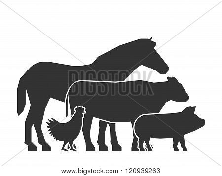 Black farm animals on a white background. Vector logo for farmers market. Farm animals symbol. Black silhouette horse pig cow and chicken.