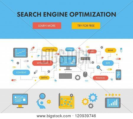 Flat design concept web banner for search engine optimization. Modern flat horizontal banner for seo. Vector creative style concept for search engine optimization.