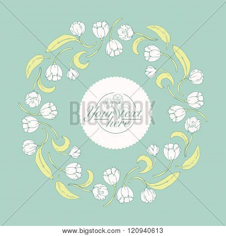 Decorative floral pattern of tulips in a circle on blue background for your design