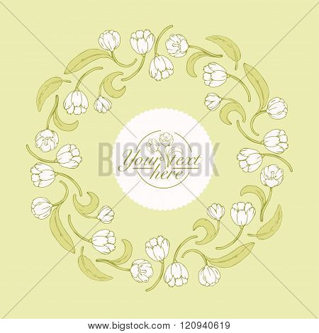 Decorative floral pattern of tulips in a circle on green background for your design