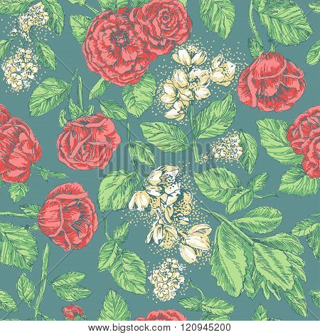 Vintage seamless pattern with red roses and jasmine on green background