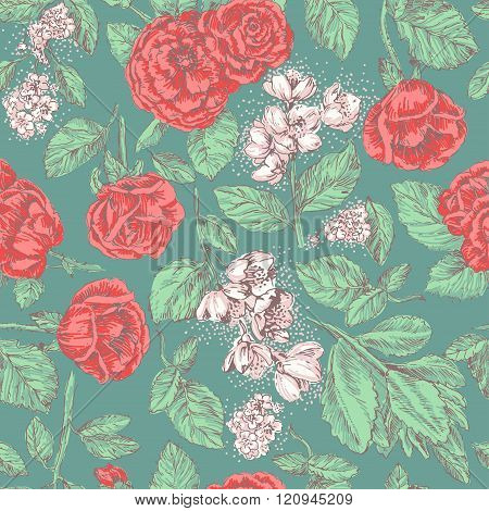Vintage seamless pattern with red roses and jasmine on green background