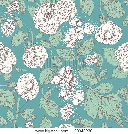 Vintage seamless pattern with white roses and jasmine on blue background