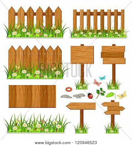 Wooden Fence Set With Grass And Flowers