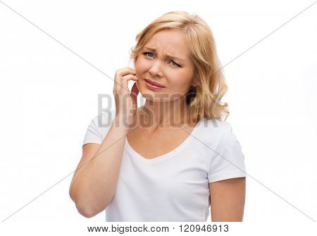 people, healthcare, dermatology, allergy and skincare concept - unhappy woman suffering from face inch