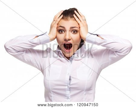 Woman at white background. Young hysterics female isolated 