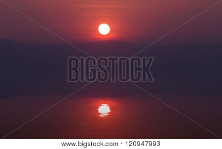 Sunset With Mountain With Water Reflection, View From Pha Keb Tawan,  Thailand
