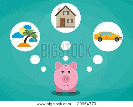 Cartoon pink piggy bank dreaming about holidays, car and house.investment, savings future planing co