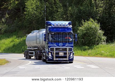 Blue Volvo FH Tank Truck At Road Intersection