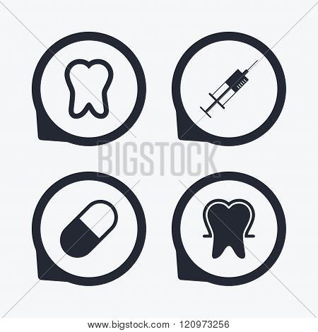 Tooth enamel icons. Medical syringe and pill.