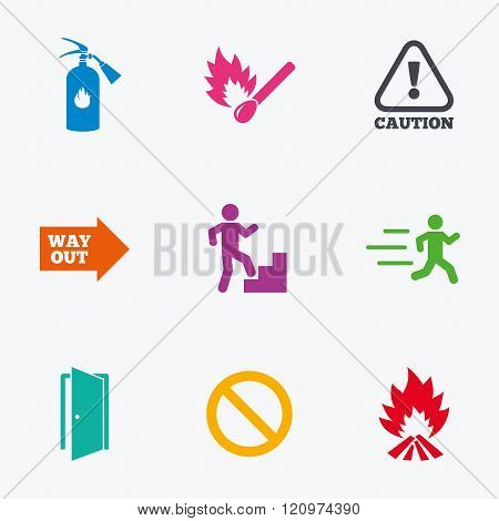 Fire safety, emergency icons. Extinguisher sign.