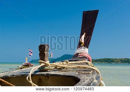 Traditional thai longtail boat at famous sunny Long Beach, Thailand, Koh Phi Phi Don, Krabi province, Andaman sea