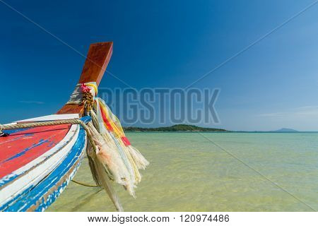 Traditional thai longtail boat at famous sunny Long Beach, Thailand, Koh Phi Phi Don, Krabi province, Andaman sea