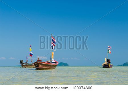 Traditional thai longtail boat at famous sunny Long Beach, Thailand, Koh Phi Phi Don, Krabi province, Andaman sea