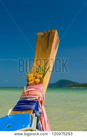 Traditional thai longtail boat at famous sunny Long Beach, Thailand, Koh Phi Phi Don, Krabi province, Andaman sea