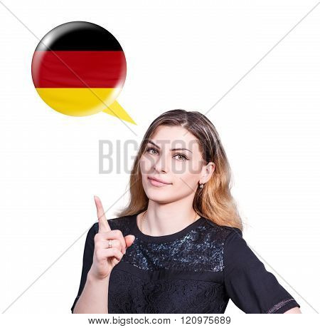 Woman point on the bubble with german flag