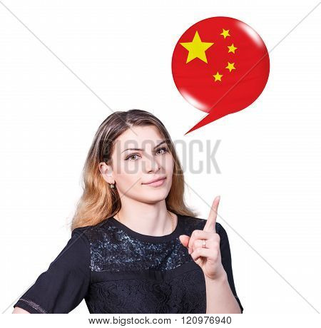 Woman point on the bubble with german flag